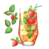 realistisch Erdbeere Cocktail. frisch Sommer- Cocktail mit Erdbeeren, Eis Würfel und Minze. vektor