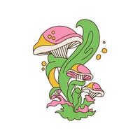 trippy svamp knippa med grön psychedelic rök. häftig vektor 70s stil illustration. magi svamp skriva ut för logotyp,t skjorta, t-shirt, affisch, klistermärke.