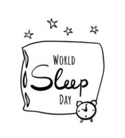 Welt Schlaf Tag Vektor Design Illustration mit Kissen und Alarm Uhr.