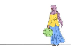 einer kontinuierlich Linie Zeichnung von jung glücklich ziemlich muslimah auf Kopftuch halten Hut auf ihr Hand. schön asiatisch Frau Modell- im modisch Hijab Mode Konzept Single Linie zeichnen Design Vektor Illustration