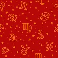 platt bakgrund med tecken av de zodiaken. astrologi sömlös mönster med zodiaken tecken i röd vektor