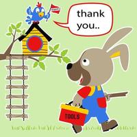 süß Hase das Baumeister mit ein wenig Vogel auf Baum Haus, Vektor Karikatur Illustration