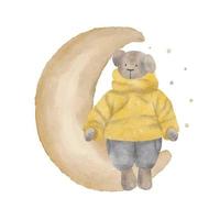 süß Teddy Bär auf das Mond mit wenig Sterne, Aquarell Vektor Illustration.