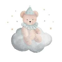 süß Teddy Bär auf das Wolke mit wenig Sterne, Aquarell Vektor Illustration.