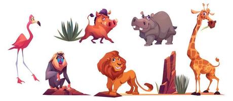 afrikansk djur, lejon, flodhäst, giraff, flamingo vektor