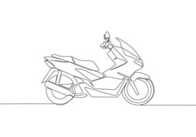 ett kontinuerlig linje teckning av modern lyx asiatisk underbenet motorcykel logotyp. stor automatisk motorcykel begrepp. enda linje dra design vektor illustration