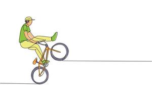 en kontinuerlig linjeteckning av ung bmx-cyklist som utför farliga trick på skatepark. extrem sport koncept vektor illustration. dynamisk enda rad rita design för event marknadsföring affisch