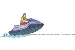 einzelne durchgehende Linienzeichnung eines jungen sportlichen Touristenmannes, der Jetski im Meer spielt. extrem gefährliches seesportkonzept. Sommerferien Urlaub. trendige einzeilige zeichnen design-vektorillustration vektor