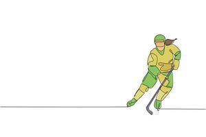 Eine einzige durchgehende Linienzeichnung eines jungen professionellen Eishockeyspielers traf den Puck und griff die Eisbahn an. extremes wintersportkonzept. trendige grafikdesign-vektorillustration mit einer linie zeichnen vektor