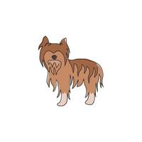 einzelne durchgehende Strichzeichnung eines entzückenden Yorkshire-Terrier-Hundes für die Identität des Firmenlogos. reinrassiges Hundemaskottchenkonzept für stammbaumfreundliche Haustiersymbole. moderne eine linie zeichnen design-vektorillustration vektor