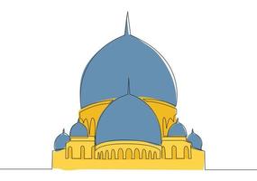 einer Single Linie Zeichnung von islamisch historisch Kuppel Wahrzeichen Masjid oder Moschee. heilig Platz zu Gebet zum Islam Menschen Konzept kontinuierlich Linie zeichnen Design Vektor Illustration
