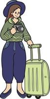 Hand gezeichnet weiblich Touristen nehmen Bilder mit Koffer Illustration im Gekritzel Stil vektor