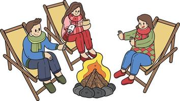 Hand gezeichnet ein Gruppe von Touristen sitzen durch das Feuer im das Wald Illustration im Gekritzel Stil vektor