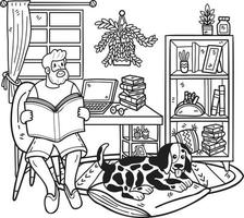 hand dragen äldre läsning en bok med en hund illustration i klotter stil vektor