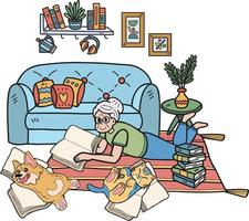 hand dragen äldre läsning böcker med hundar och katter illustration i klotter stil vektor
