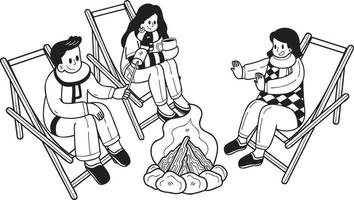 Hand gezeichnet ein Gruppe von Touristen sitzen durch das Feuer im das Wald Illustration im Gekritzel Stil vektor