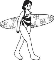 hand dragen kvinna turist med surfingbräda illustration i klotter stil vektor