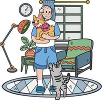 hand dragen äldre spela med hundar och katter illustration i klotter stil vektor