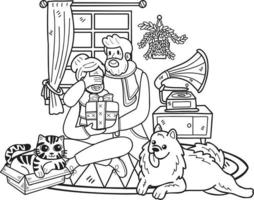Hand gezeichnet Alten mit Katzen und Hunde und Geschenk Illustration im Gekritzel Stil vektor