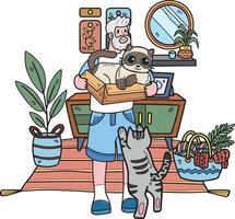 hand dragen äldre innehav en katt illustration i klotter stil vektor