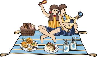 Hand gezeichnet Paar Sitzung auf ein Picknick im das Park Illustration im Gekritzel Stil vektor