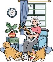 Hand gezeichnet Alten spielen Gitarre mit Hund Illustration im Gekritzel Stil vektor