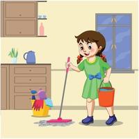 söt liten flicka rengöring med en mopp och en hink av vatten vektor illustration