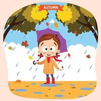 süß wenig Mädchen spielen mit Herbst Blätter Vektor Illustration