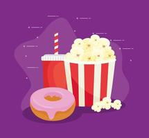 süßer Donut mit Popcorn und Getränk, Fast-Food-Kombination vektor