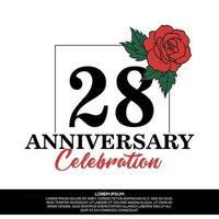 28: e årsdag firande logotyp vektor design med röd reste sig blomma med svart Färg font på vit bakgrund abstrakt