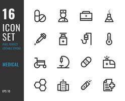 Satz von 16 Symbolen medizinische, dünne Linie Stil vektor