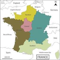 Frankreich oder Französisch Karte mit Mehrfarbig Aufteilung 5 Regionen umfassen Rand Länder, Italien, Belgien, Schweiz, England, Luxemburg, Andorra, Spanien, Deutschland, Englisch Kanal, Mittelmeer Meer vektor