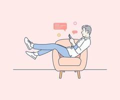 ein Mann spielen Clever Telefon auf das Sofa, Hand gezeichnet Stil Vektor Design Illustration