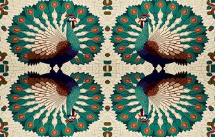 Pfau Fasan Truthahn Mosaik Muster. abstrakt Volk ethnisch Stammes- geometrisch Grafik Linie. Textur Textil- Stoff nahtlos Muster Vektor Illustration. aufwendig elegant Luxus Jahrgang retro Stil.