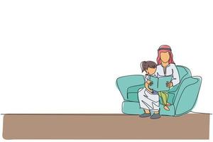 einzelne durchgehende Strichzeichnung eines jungen arabischen Vaters, der auf dem Sofa sitzt, um seiner Tochter ein Buch vorzulesen. islamisches muslimisches glückliches familienkonzept der elternschaft. einzeilige Grafik-Draw-Design-Vektor-Illustration vektor
