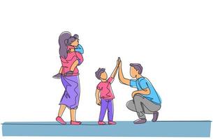 en enda linje ritning av ung far ger high five till sin son medan mamma bär sömnig dotter vektor illustration. lycklig familj föräldraskap koncept. modern kontinuerlig linje rita design