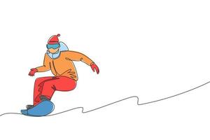 en enda radritning ung energisk snowboardåkare man rider snabbt snowboard på snöig berg grafisk vektorillustration. turist semester livsstil sport koncept. modern kontinuerlig linje rita design vektor