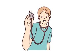 lächelnd männlich Arzt mit Stethoskop bereit zu untersuchen geduldig im Krankenhaus. glücklich Mann Therapeut oder gp mit Phonendoskop. Vektor Illustration.