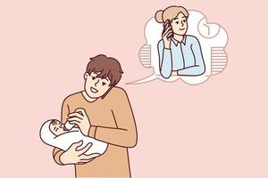 jung Vater Futter Baby Säugling sich unterhalten mit Ehefrau Arbeiten im Büro auf Telefon. Pflege Papa mit Kind im Hände haben Anruf mit Geschäftsfrau Mama. Vektor Illustration.