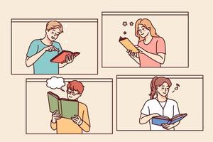 glücklich Menschen lesen Bücher. lächelnd Männer und Frauen genießen Literatur. Bildung und Wissen. Vektor Illustration.