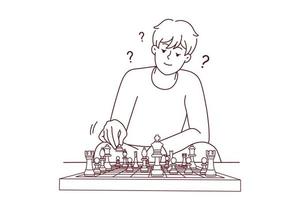 jung Mann Gefühl frustriert denken spielen Schach beim heim. tausendjährig Kerl beteiligt im Spiel auf Schachbrett. Hobby Konzept. Vektor Illustration.