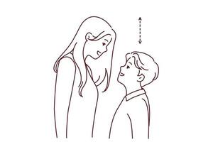 par med annorlunda höjd se i ögon. lång kvinna och kort man kontrasterande höjd. relation problem begrepp. vektor illustration.