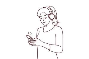 glücklich jung Frau im Kopfhörer Hör mal zu zu Musik- auf Smartphone. lächelnd Mädchen im Kopfhörer genießen gut Qualität Klang auf Handy. Vektor Illustration.