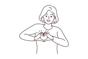 leende ung kvinna visa hjärta hand gest på hjärta dela med sig vård och tillgivenhet. Lycklig flicka demonstrera tacksamhet. välgörenhet begrepp. vektor illustration.