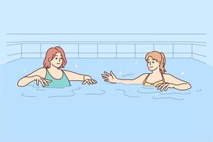 Frauen im Badeanzüge haben Spaß im Schwimmen Schwimmbad zusammen. weiblich freunde im Bikini schwimmen im Wasser im Innen- Schwimmbad. Hobby und Erholung. Vektor Illustration.