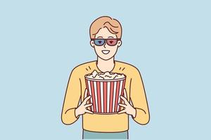 glücklich jung Mann im 3d Brille und Popcorn im Hände genießen Wochenende im Film Theater. lächelnd Kerl mit Snack Vor Film im Kino. Vektor Illustration.