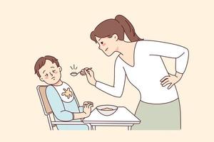 envis bebis vägra äter mat. mor utfodra illa skött litet barn på Hem. föräldraskap och barn uppfostran problem. vektor illustration.