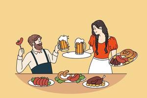 glücklich Mann und Frau im traditionell Kleider feiern Oktoberfest trinken Bier Essen Würste. lächelnd Kerl und Mädchen genießen Deutsche Festival Feierlichkeiten draußen. eben Vektor Illustration.