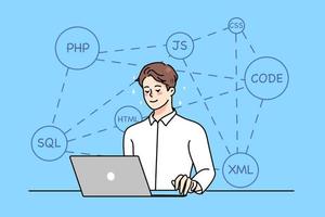 lächelnd jung Mann sitzen beim Schreibtisch tun Netz Programmierung auf Computer im Büro. Kerl Programmierer Arbeit auf Laptop, testen Codierung auf Gerät. Debuggen und testen. Analytiker oder Entwickler Arbeit. Vektor Illustration.