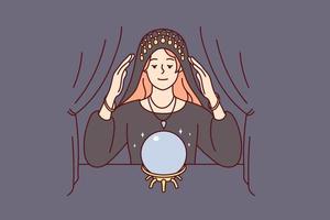 kvinna förmögenhet kassör se på magi boll förutspå framtida. kvinna gypsy i morgonrock do magisk ritual i rum. vektor illustration.